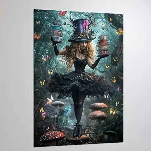Canvas print Wonderland Mad Hatter Girl Print Teacup & Scene Frameless 20x30 - Picture 3 of 4